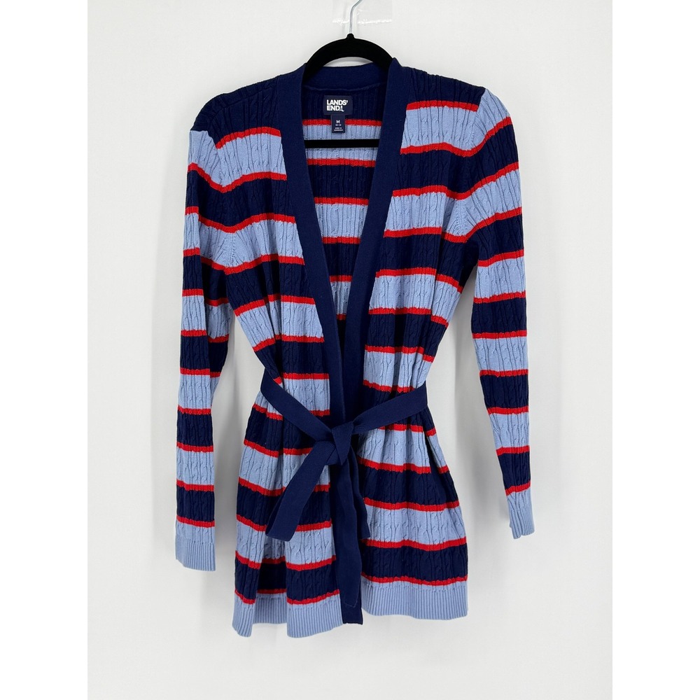 Lands End Womens Cable Knit Striped Open Cardigan Academia Prep Red Blue Size M